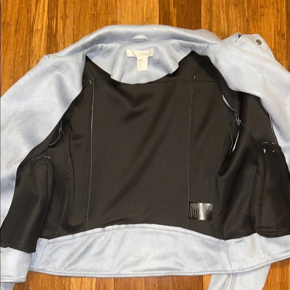 H&M Girls Size 12 Light Blue Faux Leather Moto Biker Jacket Belted